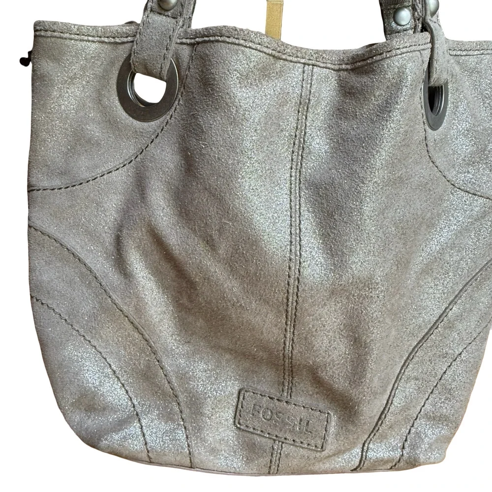 Fossil Metallic Suede Leather Double Handle Shoulder Bag Tote Purse 13x11x4